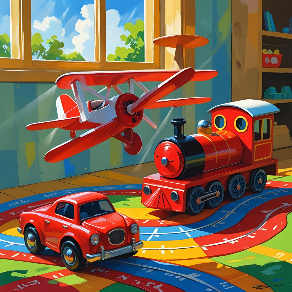 Set of car, train, and aeroplane toys for kids