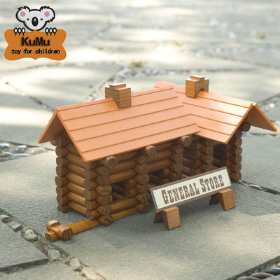 General store log set made from natural wood blocks