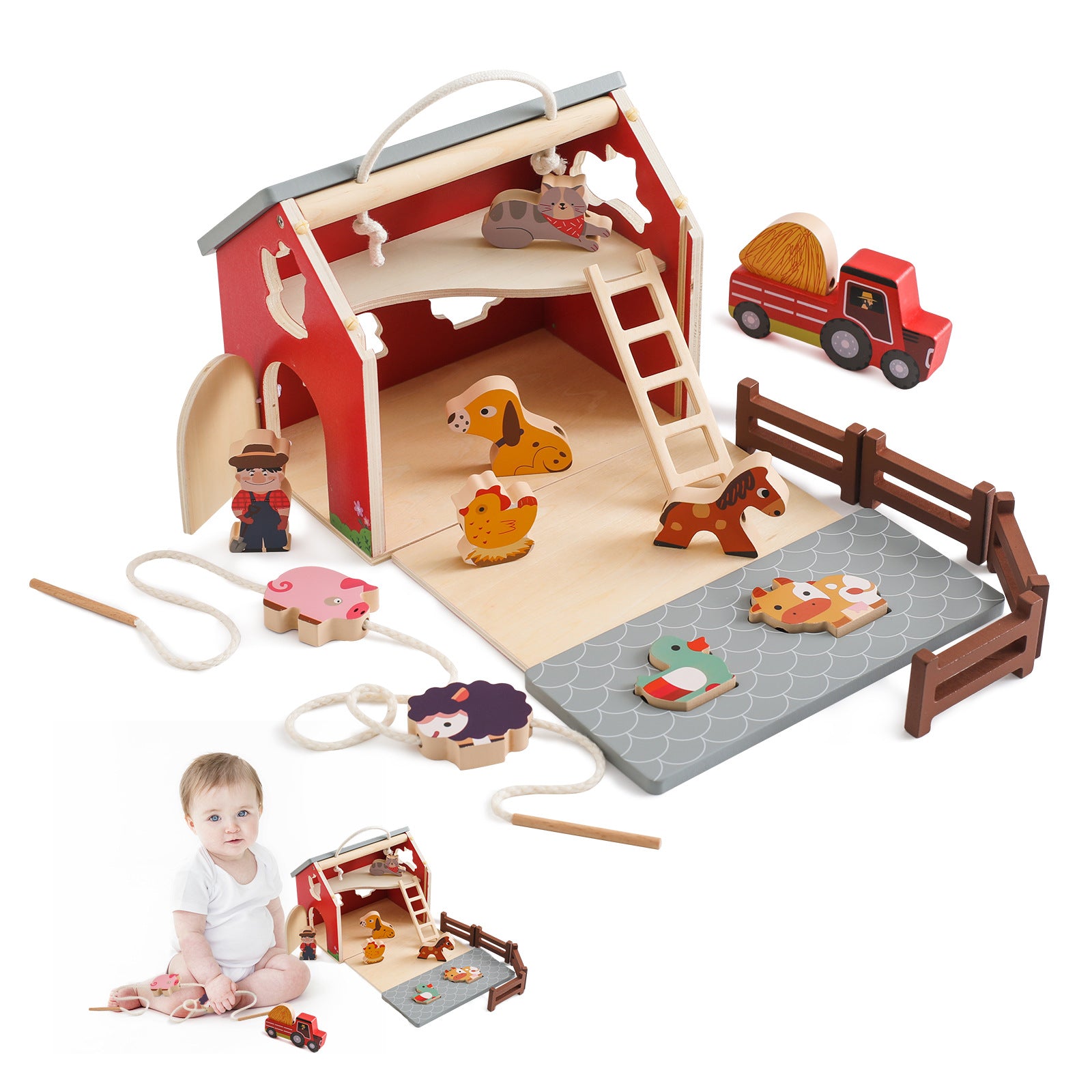 Wooden farm toy set with barn, animals, and tractor for toddlers