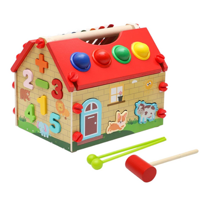 Wooden learning house with alphabet and number blocks