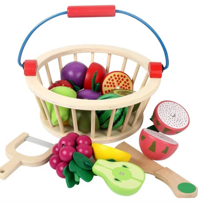 Wooden fruit basket toy with colorful pretend fruits