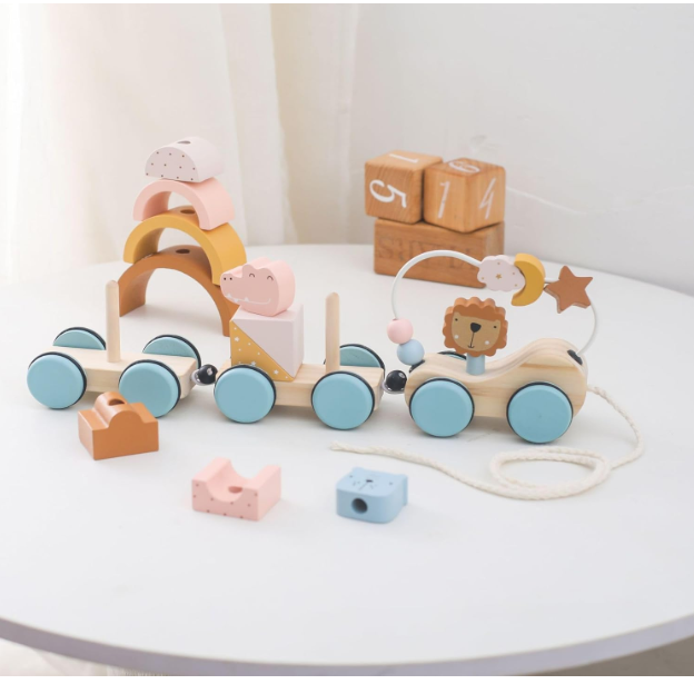 Wooden train toy with number blocks for toddlers