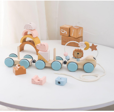 Wooden train toy with number blocks for toddlers