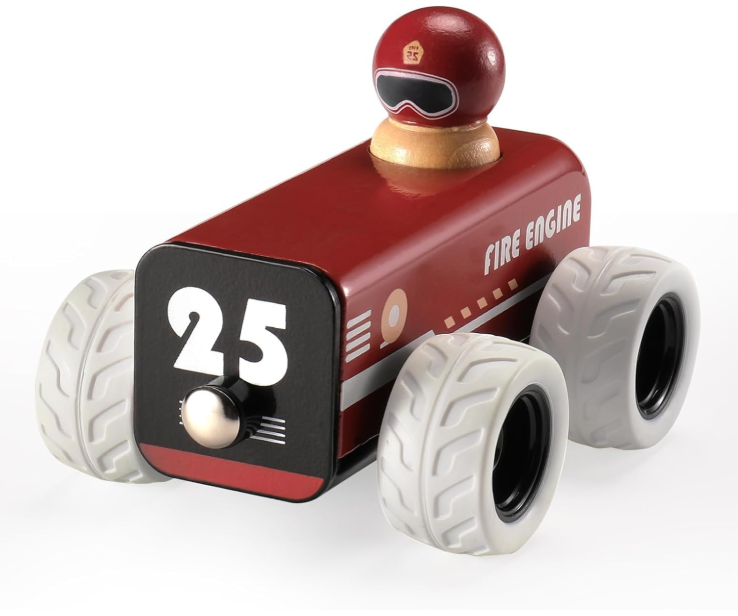 Wooden pull back fire truck toy for kids