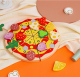 Pretend play pizza toy with toppings and wooden cutter for kids