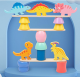 Montessori dinosaur balancing game with colorful pieces