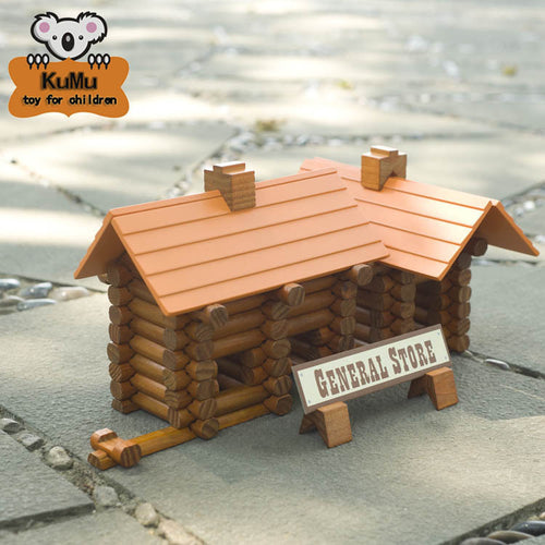 General store log set made from natural wood blocks
