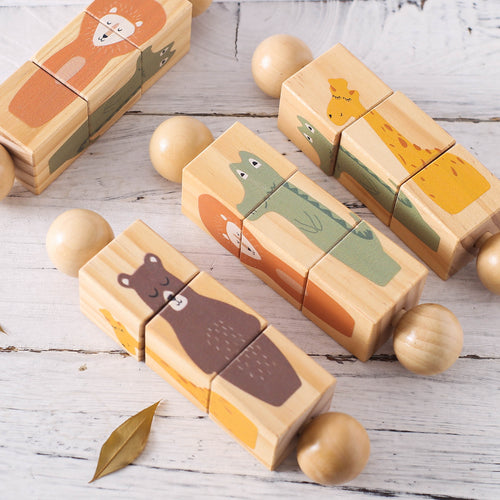 GOODIYA Baby Wooden Rotating Rattle & Animal Matching Building Blocks | Newborn & Infant Educational Toy