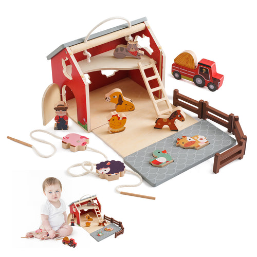 Wooden farm toy set with barn, animals, and tractor for toddlers


