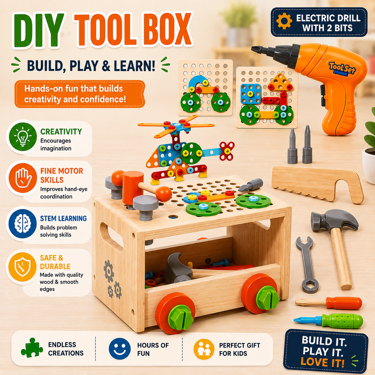 GOODIYA Kids Tool Set with Wooden Toolbox & Electronic Drill – STEM Educational Construction Toy for Boys & Girls