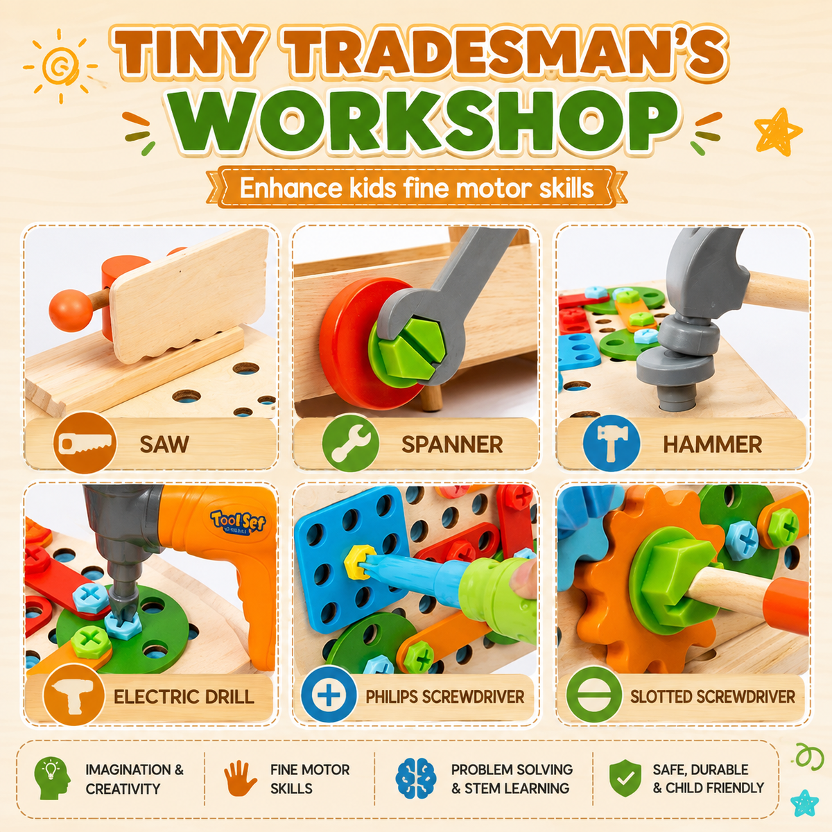 GOODIYA Kids Tool Set with Wooden Toolbox & Electronic Drill – STEM Educational Construction Toy for Boys & Girls