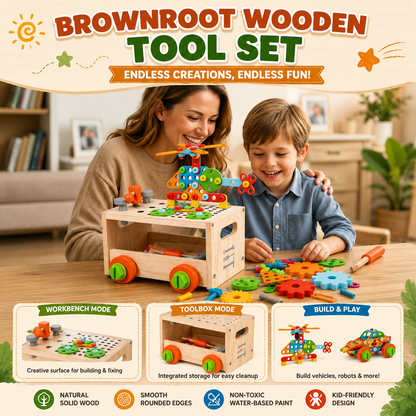 GOODIYA Kids Tool Set with Wooden Toolbox & Electronic Drill – STEM Educational Construction Toy for Boys & Girls
