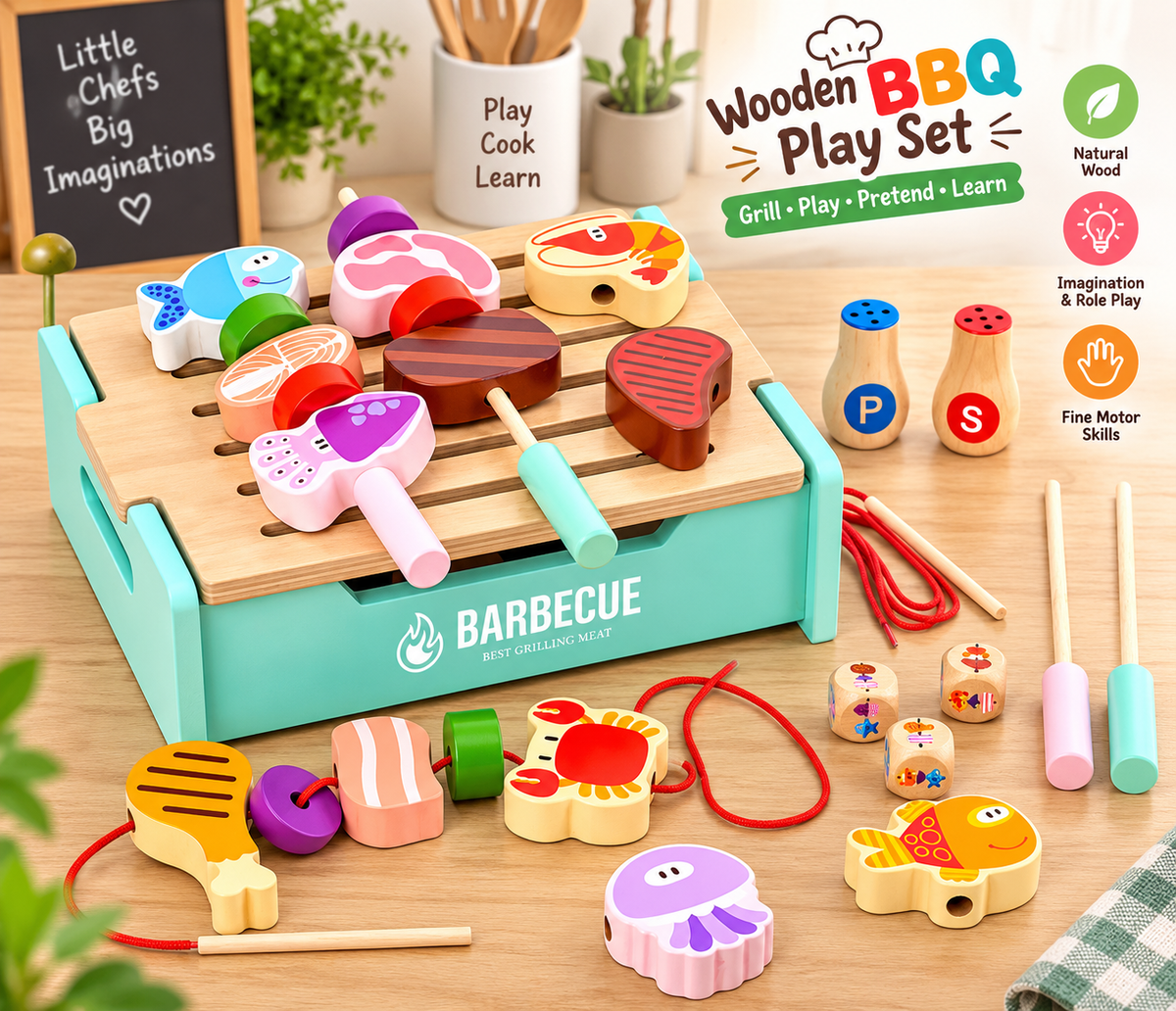 Goodiya Wooden BBQ Pretend Play Set – Kids Barbecue Grill Toy with Food, Skewers & Accessories | Role Play Toy