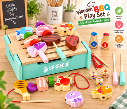 Goodiya Wooden BBQ Pretend Play Set – Kids Barbecue Grill Toy with Food, Skewers & Accessories | Role Play Toy