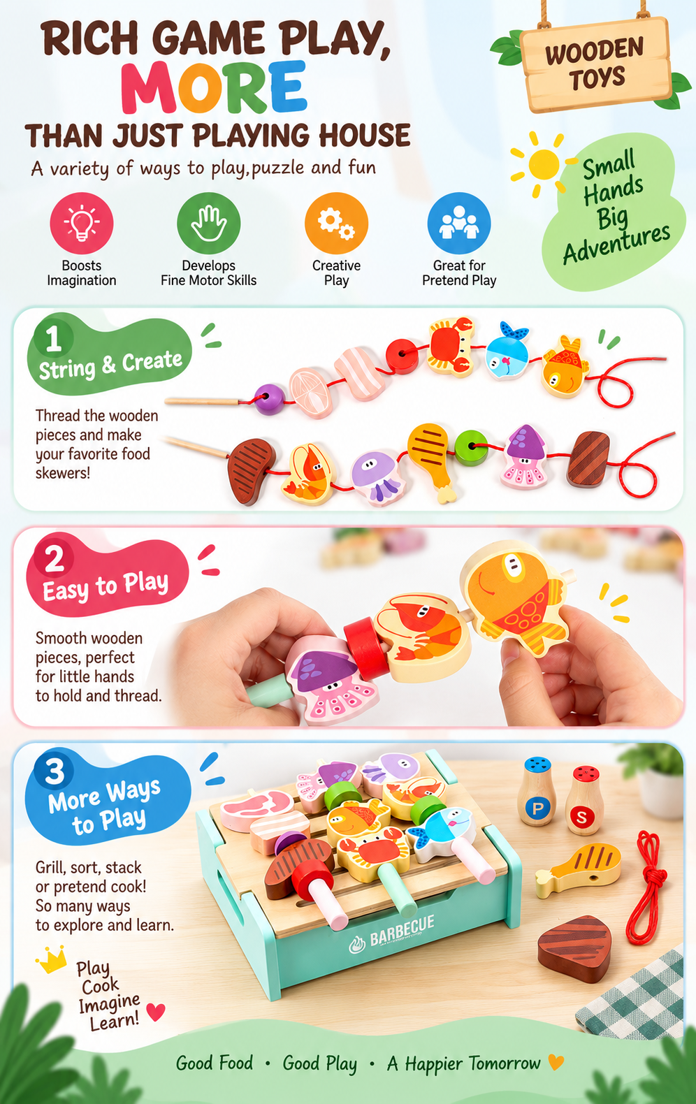 Goodiya Wooden BBQ Pretend Play Set – Kids Barbecue Grill Toy with Food, Skewers & Accessories | Role Play Toy