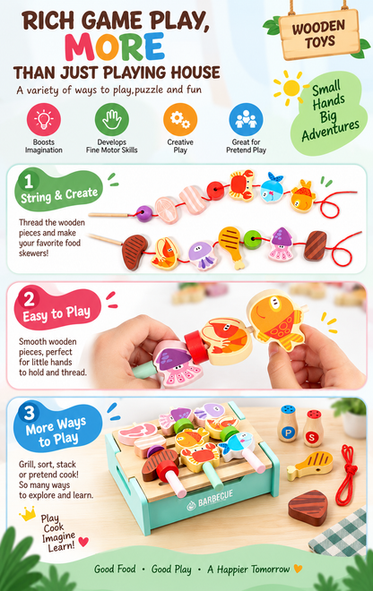 Goodiya Wooden BBQ Pretend Play Set – Kids Barbecue Grill Toy with Food, Skewers & Accessories | Role Play Toy