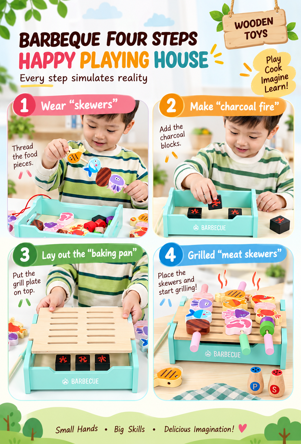 Goodiya Wooden BBQ Pretend Play Set – Kids Barbecue Grill Toy with Food, Skewers & Accessories | Role Play Toy