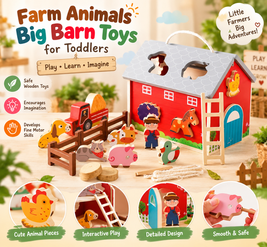 Goodiya Wooden Farm Barn Playset – Farm Animal Toy Set with Barn, Tractor, Fence, Ladder & Animal Figures | Pretend Play Toy
