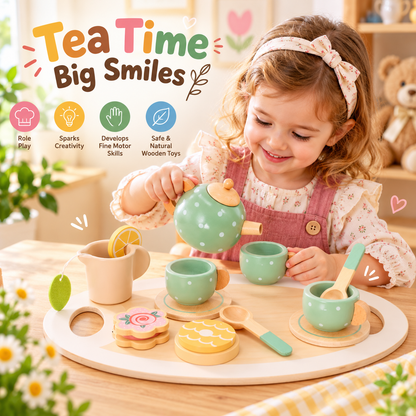 Goodiya Wooden Tea Party Set for Kids – Pretend Play Tea Set with Teapot, Cups, Tray, Cookies & Cake | Wooden Role Play Toy
