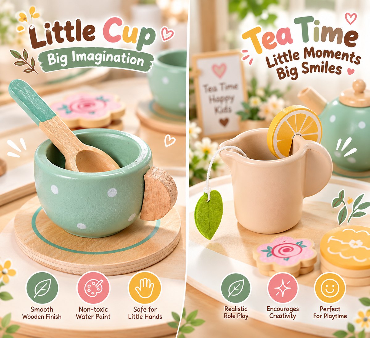 Goodiya Wooden Tea Party Set for Kids – Pretend Play Tea Set with Teapot, Cups, Tray, Cookies & Cake | Wooden Role Play Toy