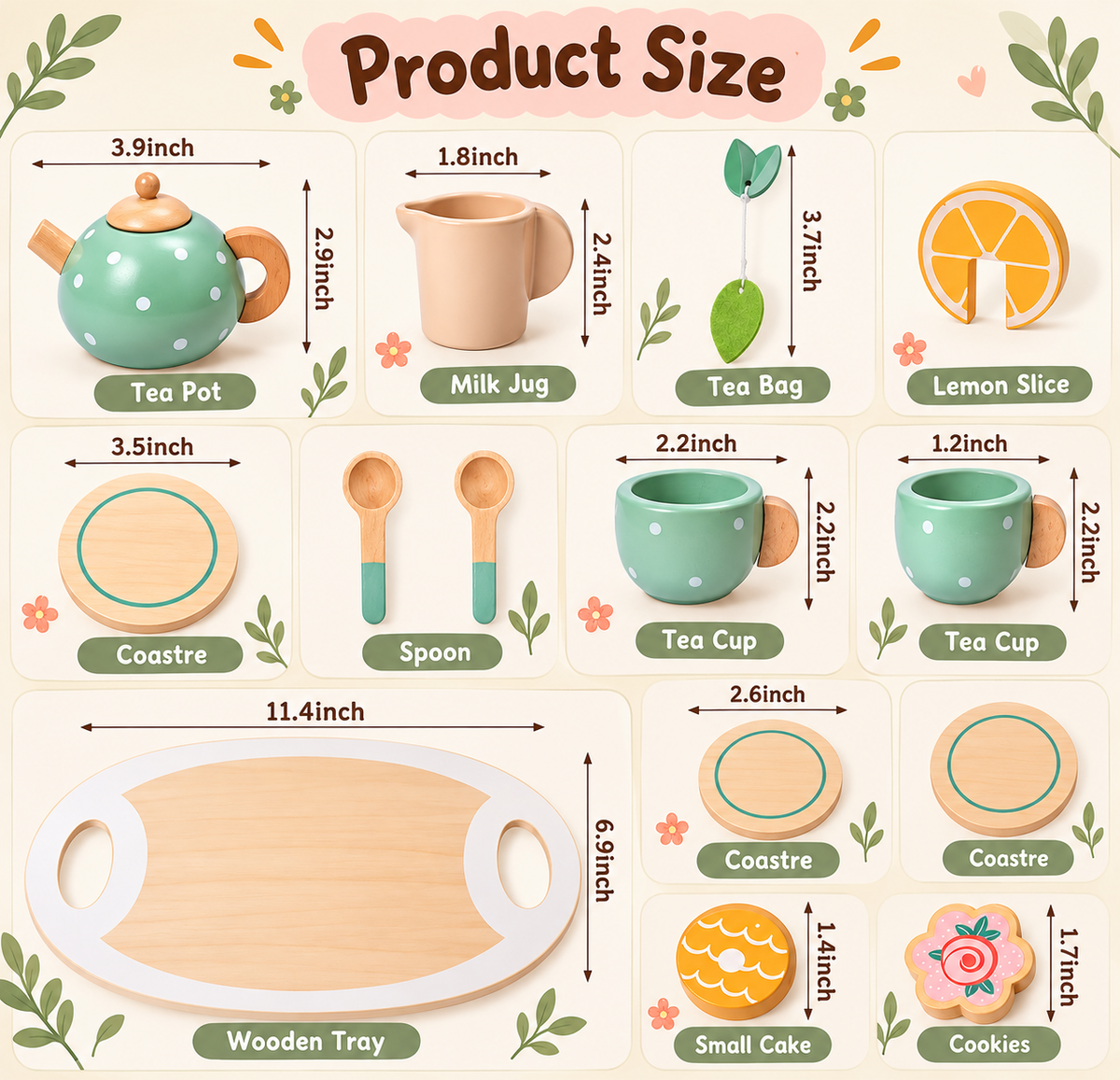 Goodiya Wooden Tea Party Set for Kids – Pretend Play Tea Set with Teapot, Cups, Tray, Cookies & Cake | Wooden Role Play Toy