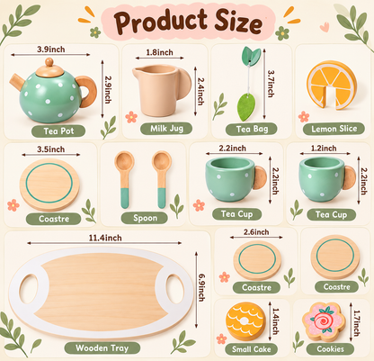 Goodiya Wooden Tea Party Set for Kids – Pretend Play Tea Set with Teapot, Cups, Tray, Cookies & Cake | Wooden Role Play Toy