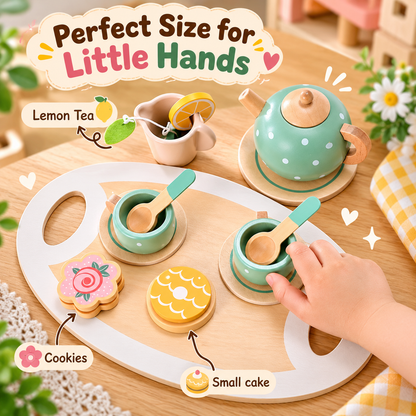 Goodiya Wooden Tea Party Set for Kids – Pretend Play Tea Set with Teapot, Cups, Tray, Cookies & Cake | Wooden Role Play Toy