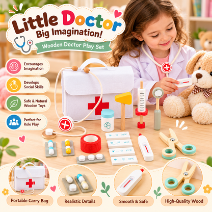 Goodiya Wooden Doctor Play Set – Pretend Medical Kit with Toy Syringe, Stethoscope, Thermometer, Scissors & Doctor Accessories | Role Play Toy