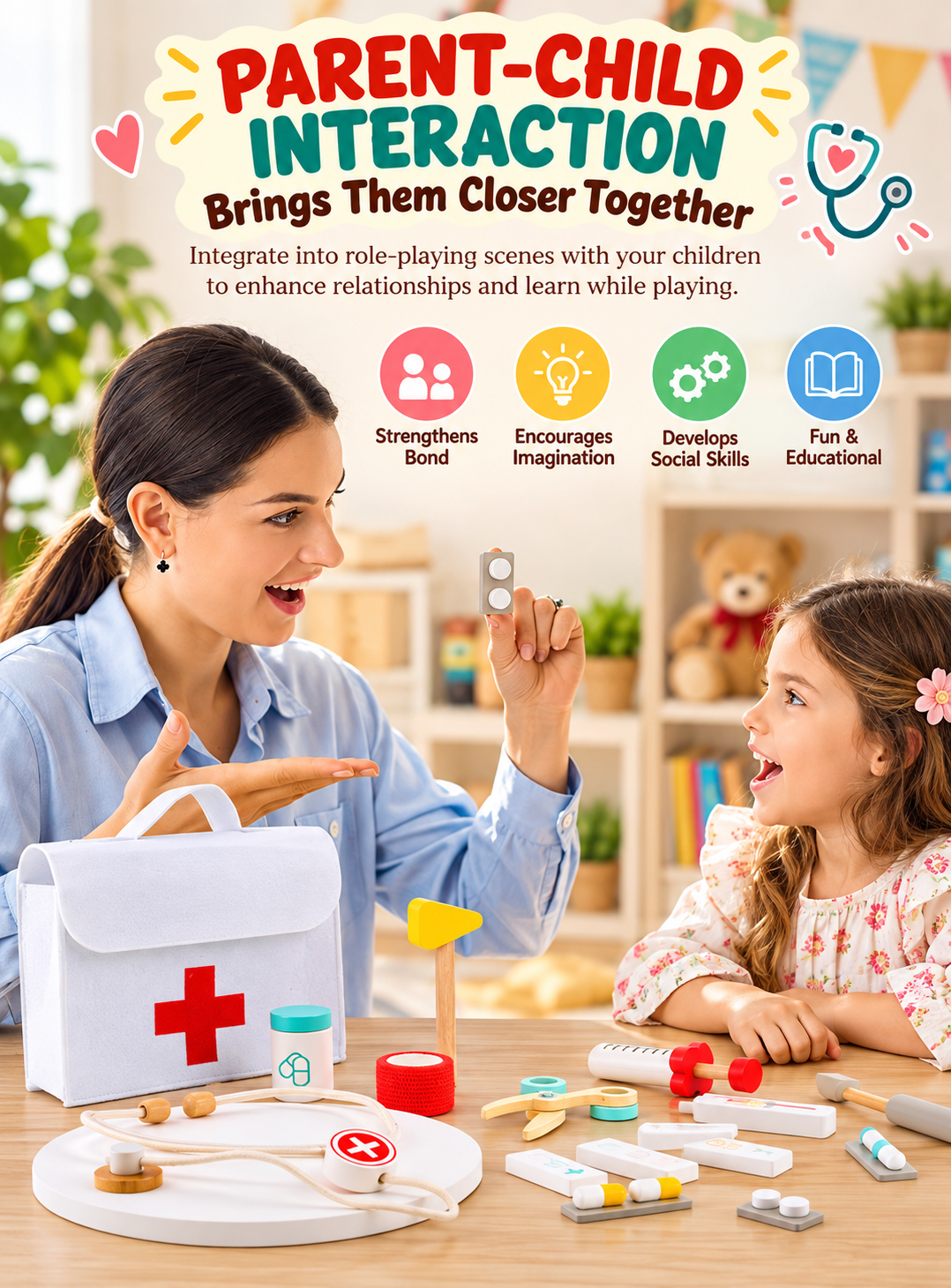 Goodiya Wooden Doctor Play Set – Pretend Medical Kit with Toy Syringe, Stethoscope, Thermometer, Scissors & Doctor Accessories | Role Play Toy