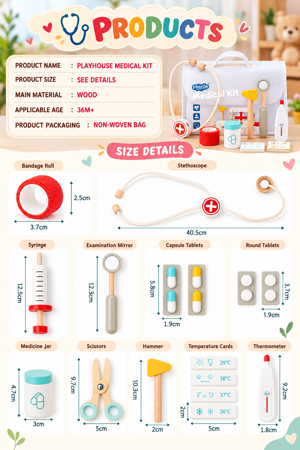 Goodiya Wooden Doctor Play Set – Pretend Medical Kit with Toy Syringe, Stethoscope, Thermometer, Scissors & Doctor Accessories | Role Play Toy