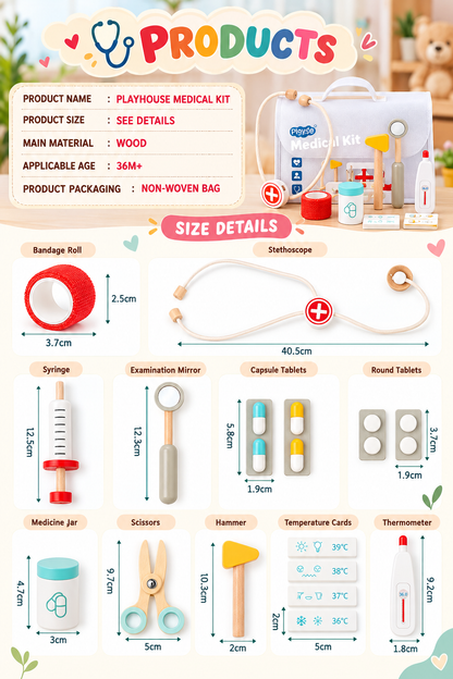 Goodiya Wooden Doctor Play Set – Pretend Medical Kit with Toy Syringe, Stethoscope, Thermometer, Scissors & Doctor Accessories | Role Play Toy
