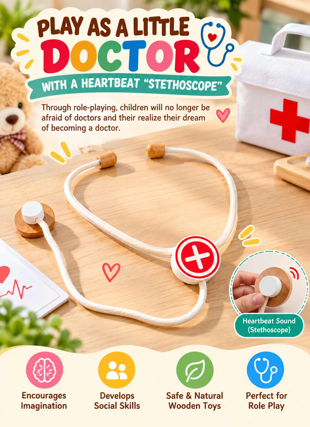 Goodiya Wooden Doctor Play Set – Pretend Medical Kit with Toy Syringe, Stethoscope, Thermometer, Scissors & Doctor Accessories | Role Play Toy