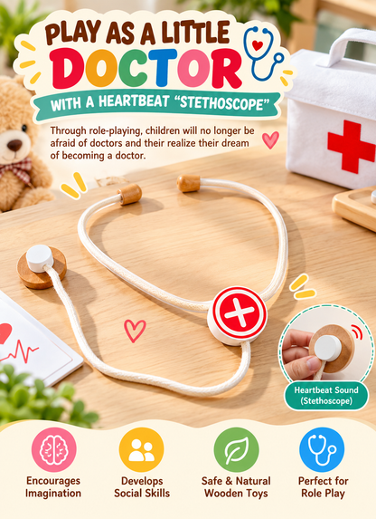 Goodiya Wooden Doctor Play Set – Pretend Medical Kit with Toy Syringe, Stethoscope, Thermometer, Scissors & Doctor Accessories | Role Play Toy