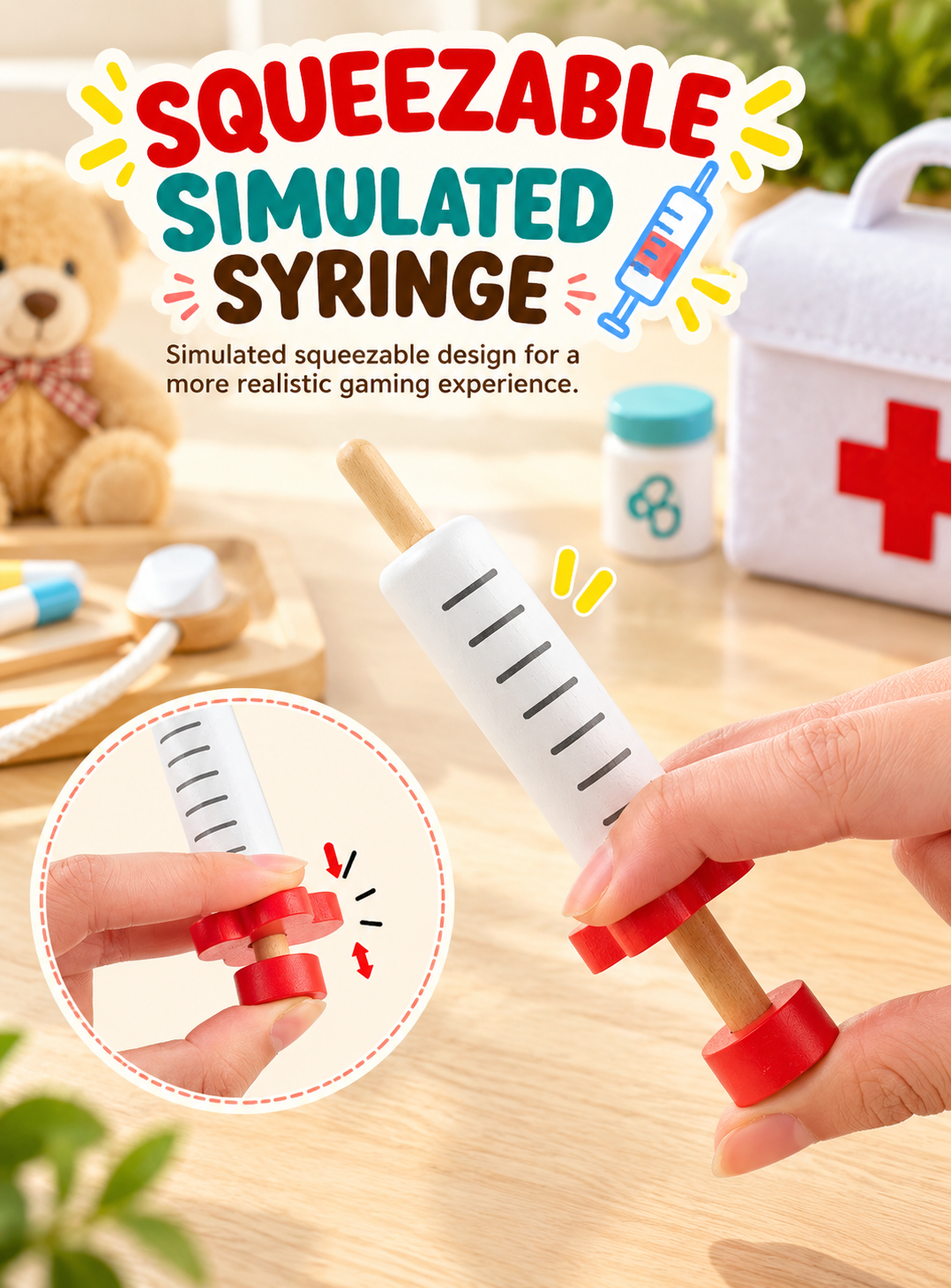 Goodiya Wooden Doctor Play Set – Pretend Medical Kit with Toy Syringe, Stethoscope, Thermometer, Scissors & Doctor Accessories | Role Play Toy