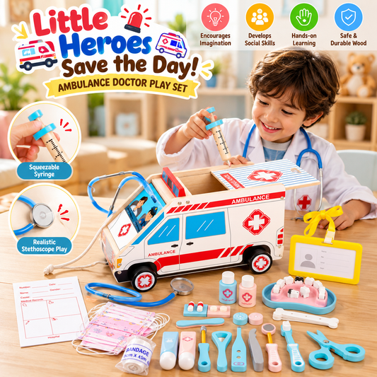 Goodiya Wooden Doctor Kit for Kids – Pretend Play Medical Set with Stethoscope, Syringe & Dental Tools | Educational Role Play Toy