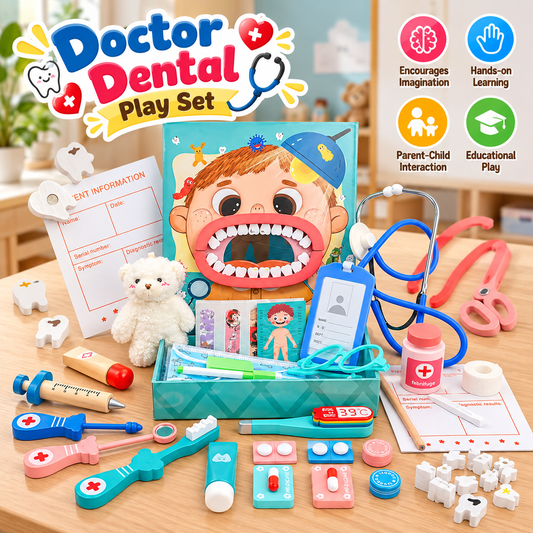 Goodiya Wooden Doctor & Dentist Kit for Kids – Pretend Play Medical Set with Stethoscope, Dental Tools, Syringe & Accessories