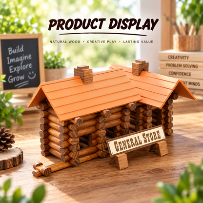 Goodiya Wooden Log Cabin Building Set – Natural Wood Construction Toy for Kids