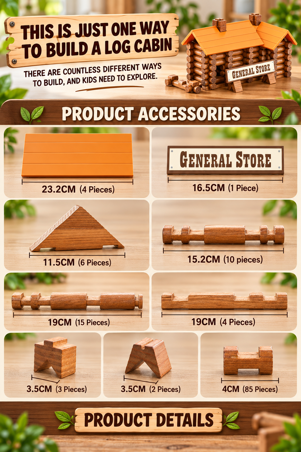 Goodiya Wooden Log Cabin Building Set – Natural Wood Construction Toy for Kids