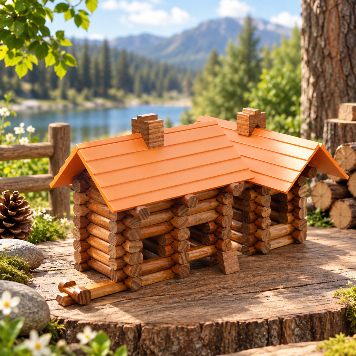 Goodiya Wooden Log Cabin Building Set – Natural Wood Construction Toy for Kids