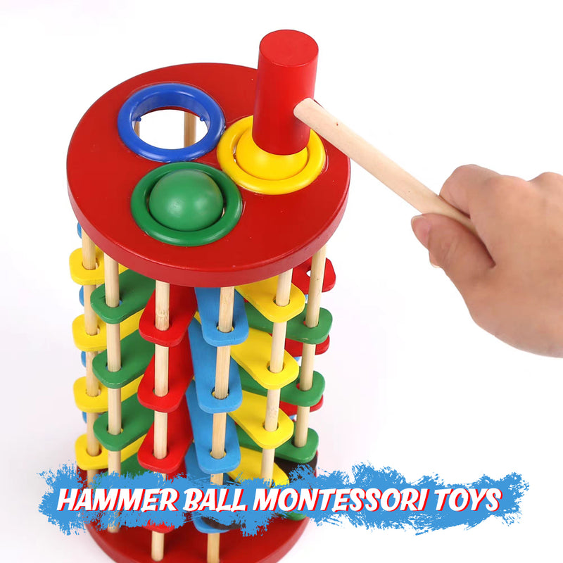 Wooden pounding tower toy with hammer and rolling balls

