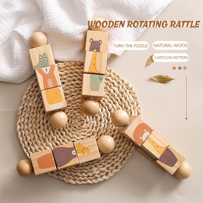 GOODIYA Baby Wooden Rotating Rattle & Animal Matching Building Blocks | Newborn & Infant Educational Toy
