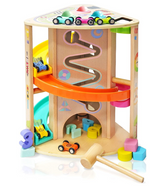 Wooden ramp racer toy with 6 colorful cars

