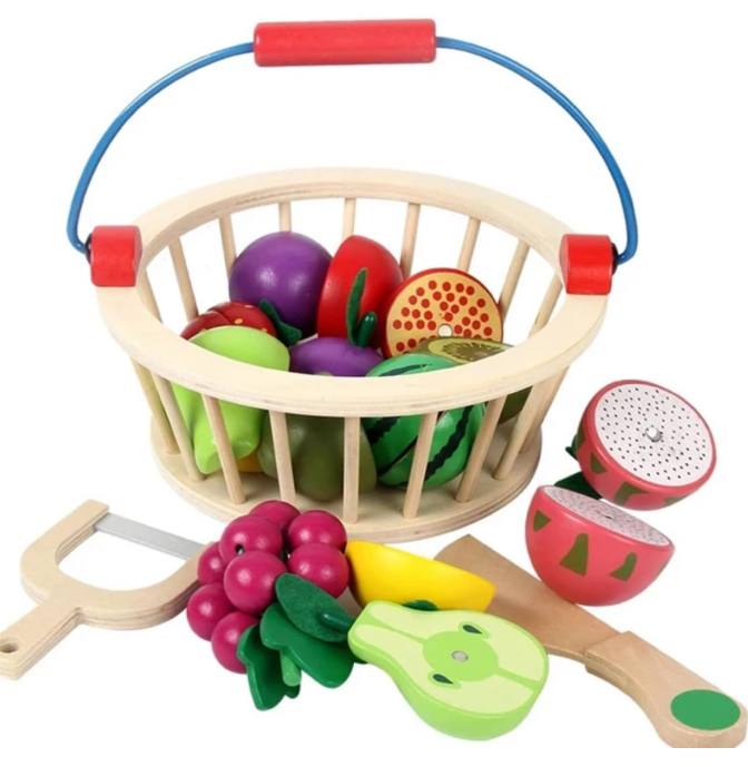 Wooden fruit basket toy with colorful pretend fruits

