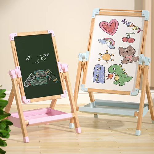 Double-sided kids wooden art easel with chalkboard and whiteboard

